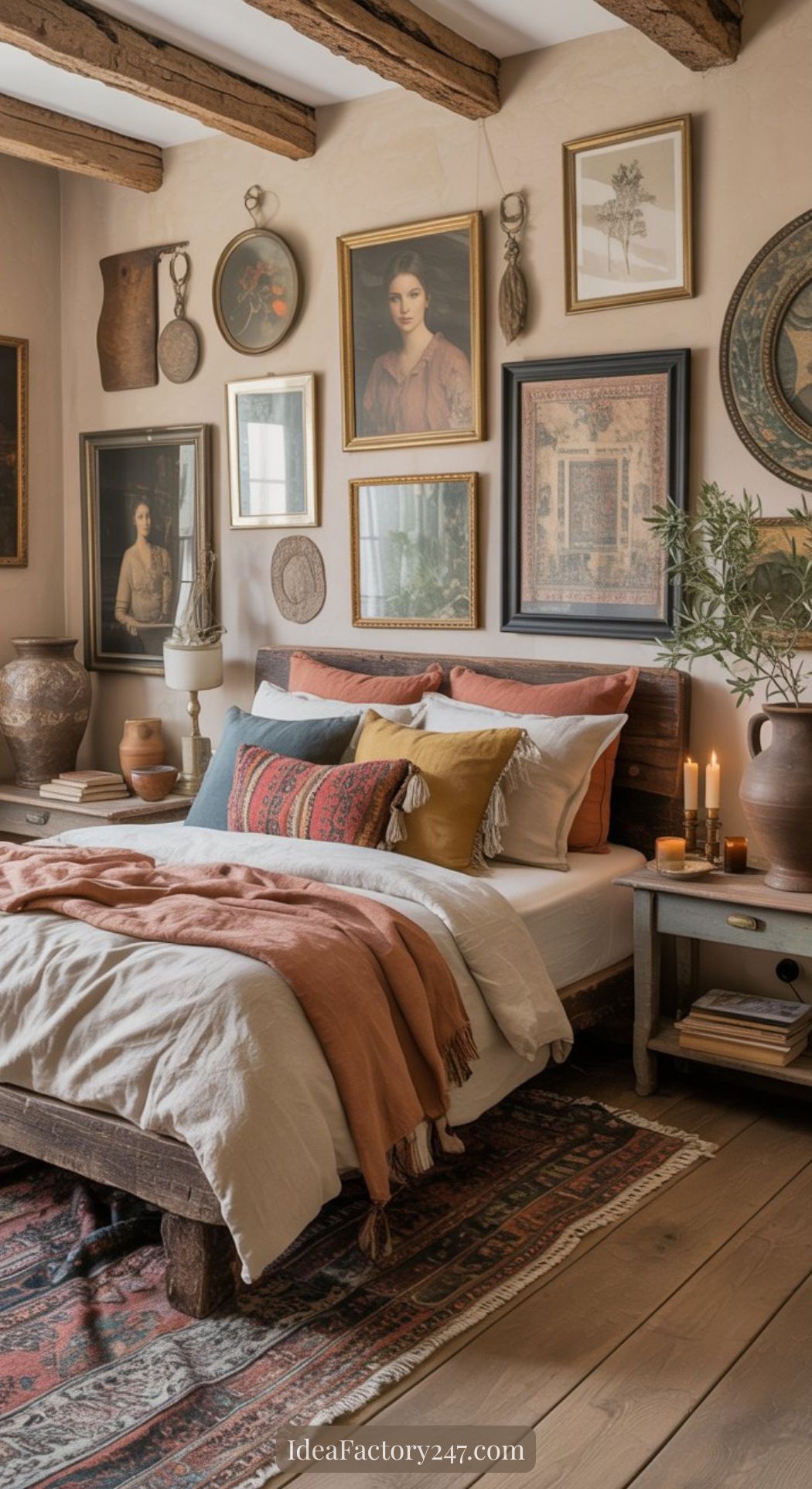 Cozy vintage bedroom with a wooden bed, layered neutral and rust bedding, candles, pottery, books, and a side table. Framed art, portraits, and textiles decorate the wall—exposed beams evoke Mediterranean bedroom ideas with rustic charm.