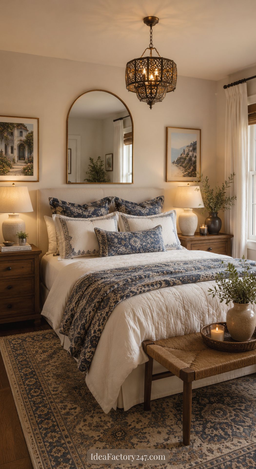 A cozy, elegant bedroom inspired by Mediterranean bedroom ideas, featuring a large bed with blue and white patterned bedding, wooden nightstands with table lamps, framed art on the walls, a decorative mirror, and a patterned rug on a wooden floor.