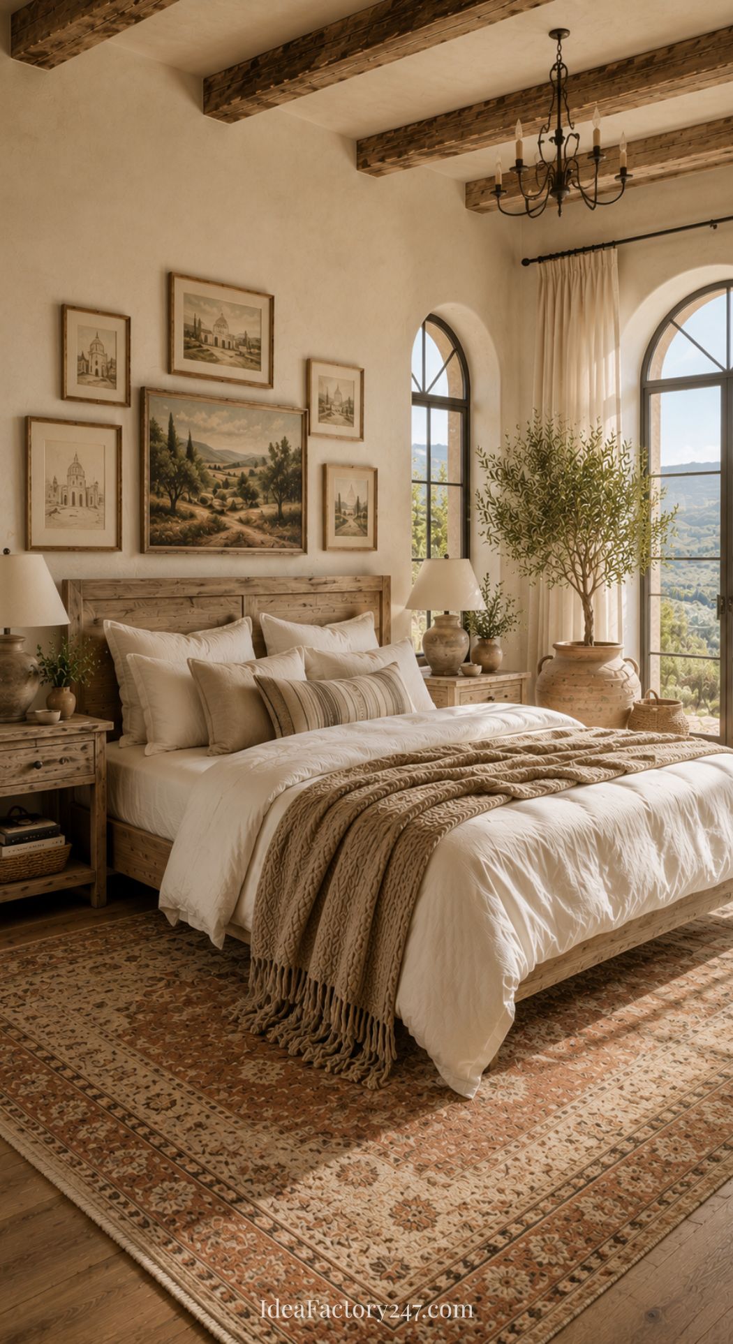 A cozy bedroom with a large bed, neutral bedding, and a textured throw blanket. Rustic wooden beams, arched windows, potted plants, and a patterned rug offer warm Mediterranean bedroom ideas in this inviting space.