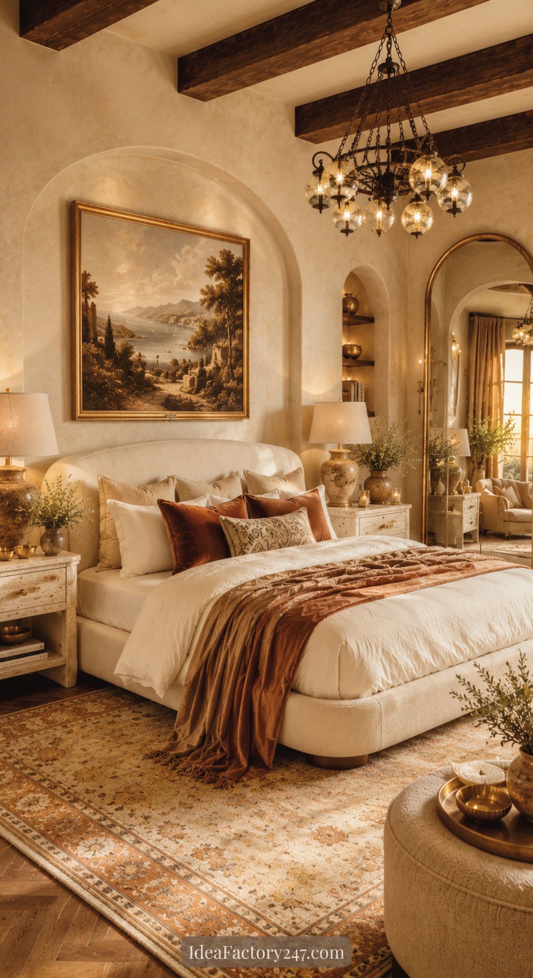 A cozy, elegant bedroom with a plush bed, earth-toned bedding, rustic wood beams, vintage chandelier, and classic decor offers timeless Mediterranean Bedroom Ideas for a serene retreat.