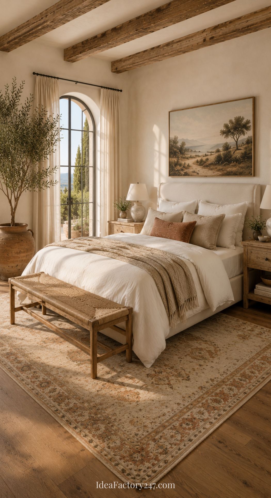 A cozy bedroom with a large bed, neutral bedding, wooden bench, and a potted olive tree offers inviting Mediterranean bedroom ideas. Sunlight streams through an arched window, highlighting two bedside tables and a landscape painting for a warm atmosphere.