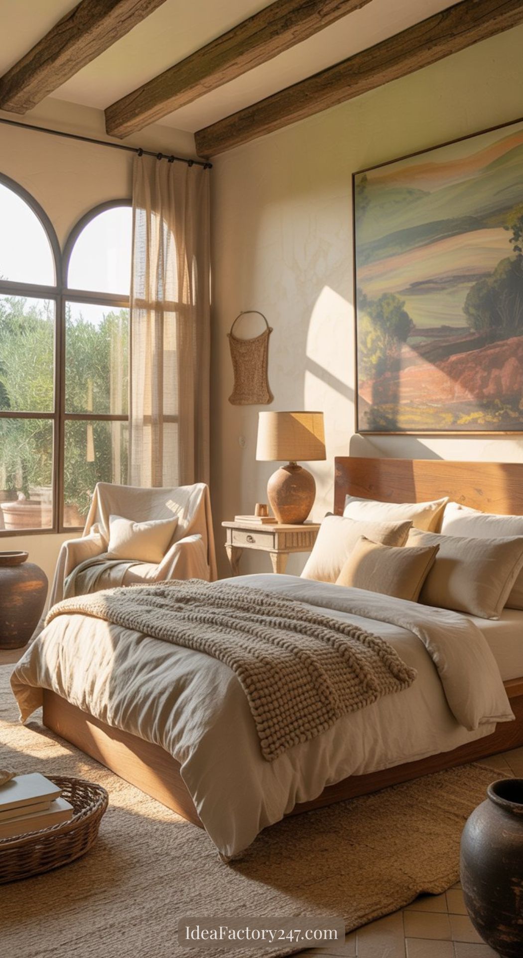 A sunlit bedroom with large arched windows, wooden beams, and a cozy bed with neutral bedding showcases Mediterranean bedroom ideas. An armchair, wicker basket, and soft earthy decor complete the look, with a landscape painting above the bed.