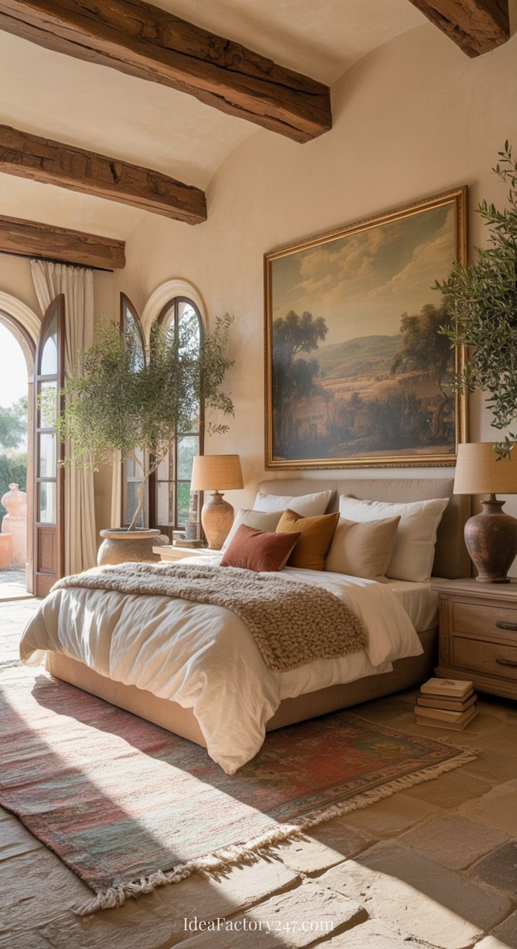 A cozy Mediterranean bedroom features a large bed, neutral bedding, wooden ceiling beams, a landscape painting, potted plants, and natural light streaming through arched French doors onto a patterned rug and stone floor.