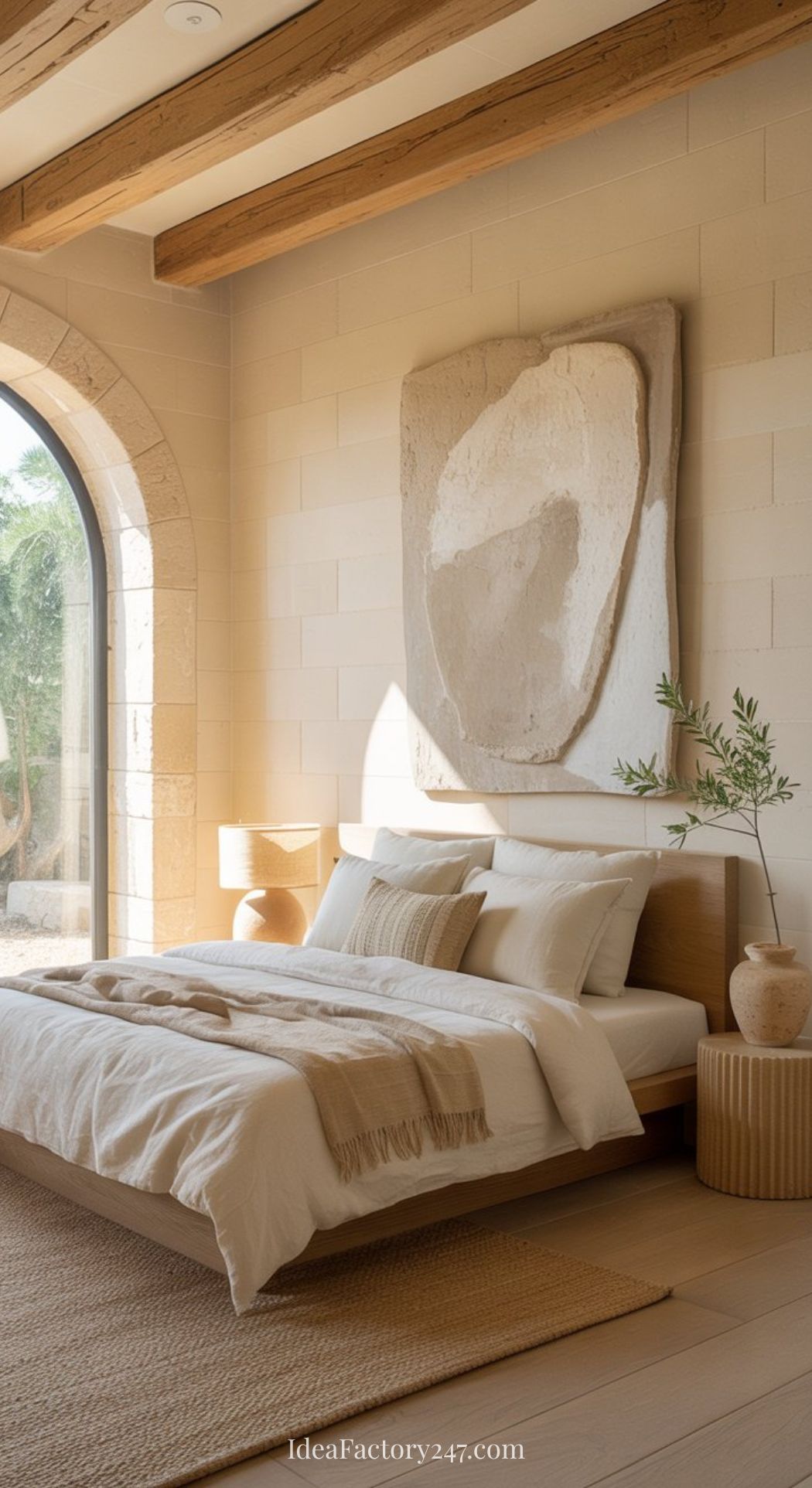 A cozy, sunlit bedroom with a low wood bed, beige bedding, textured abstract wall art, wooden beams on the ceiling, and a large arched window overlooking greenery—an inviting space inspired by Mediterranean bedroom ideas.