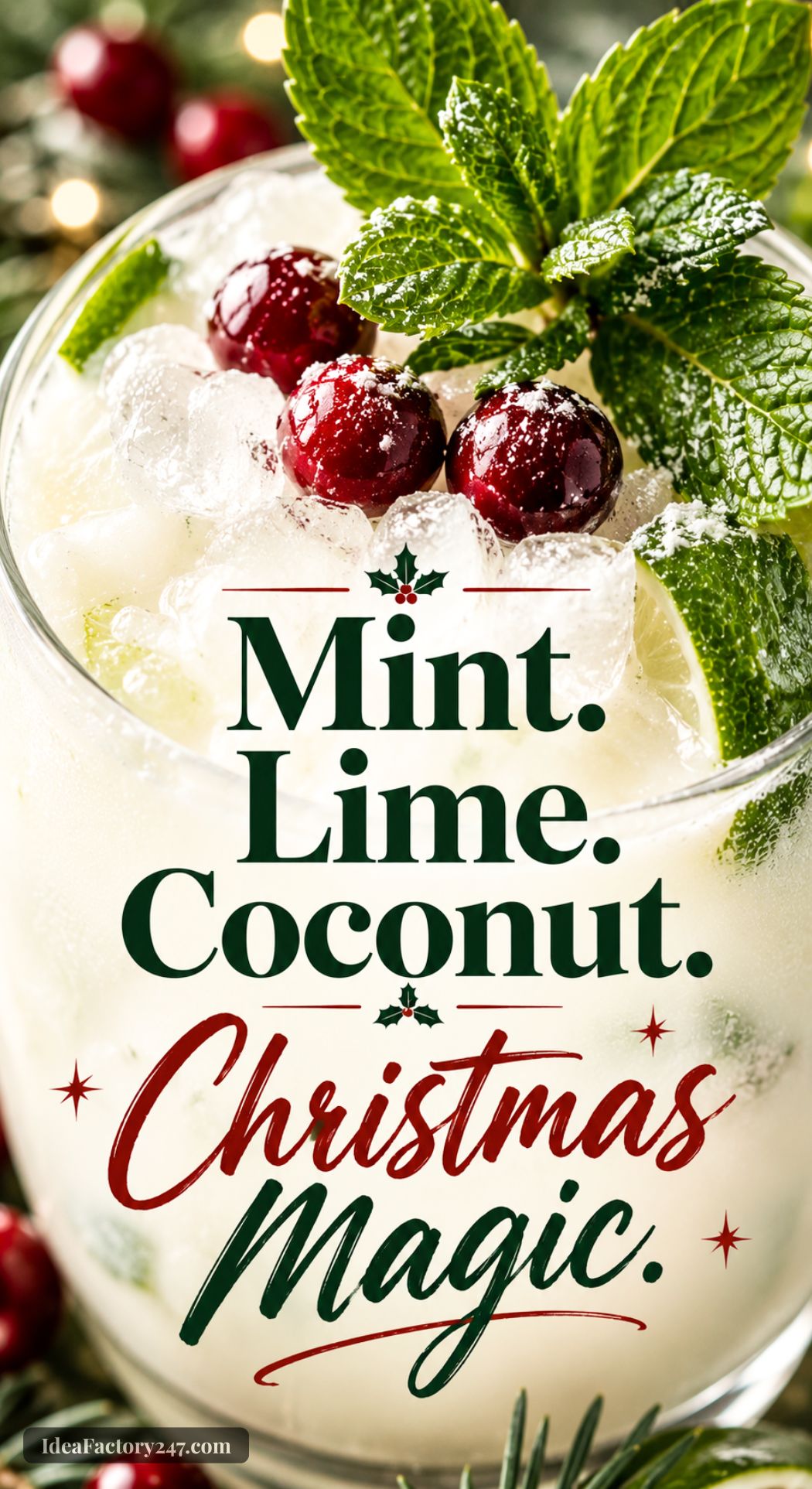 A festive drink garnished with fresh mint leaves, cranberries, and ice, with text overlay reading “Mint. Lime. Coconut. Christmas Magic.” in bold and script fonts. Holiday lights and pine branches add a festive touch.
