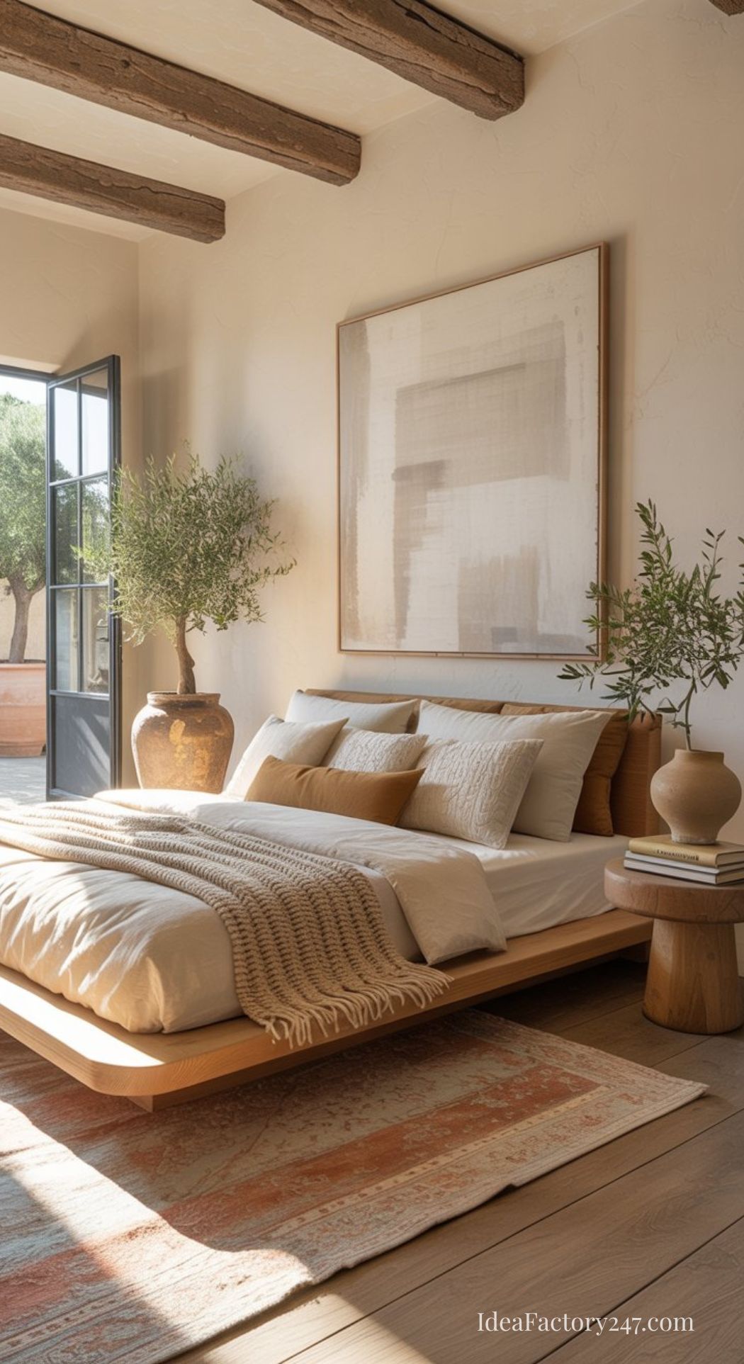 A cozy, sunlit bedroom with a low wooden bed, neutral bedding, textured throw, potted plants, and wooden beams showcases Mediterranean bedroom ideas. A large abstract painting and open patio door invite in greenery and natural light.