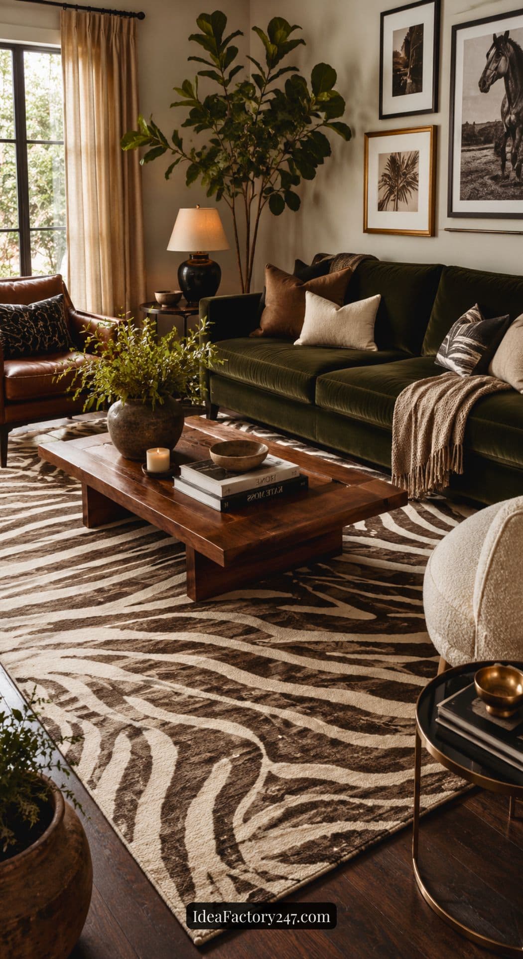 A cozy living room with a dark green velvet sofa, neutral pillows, and a wooden coffee table on a zebra-print rug. The room has warm lighting, plants, framed wall art, and a large window with light curtains.