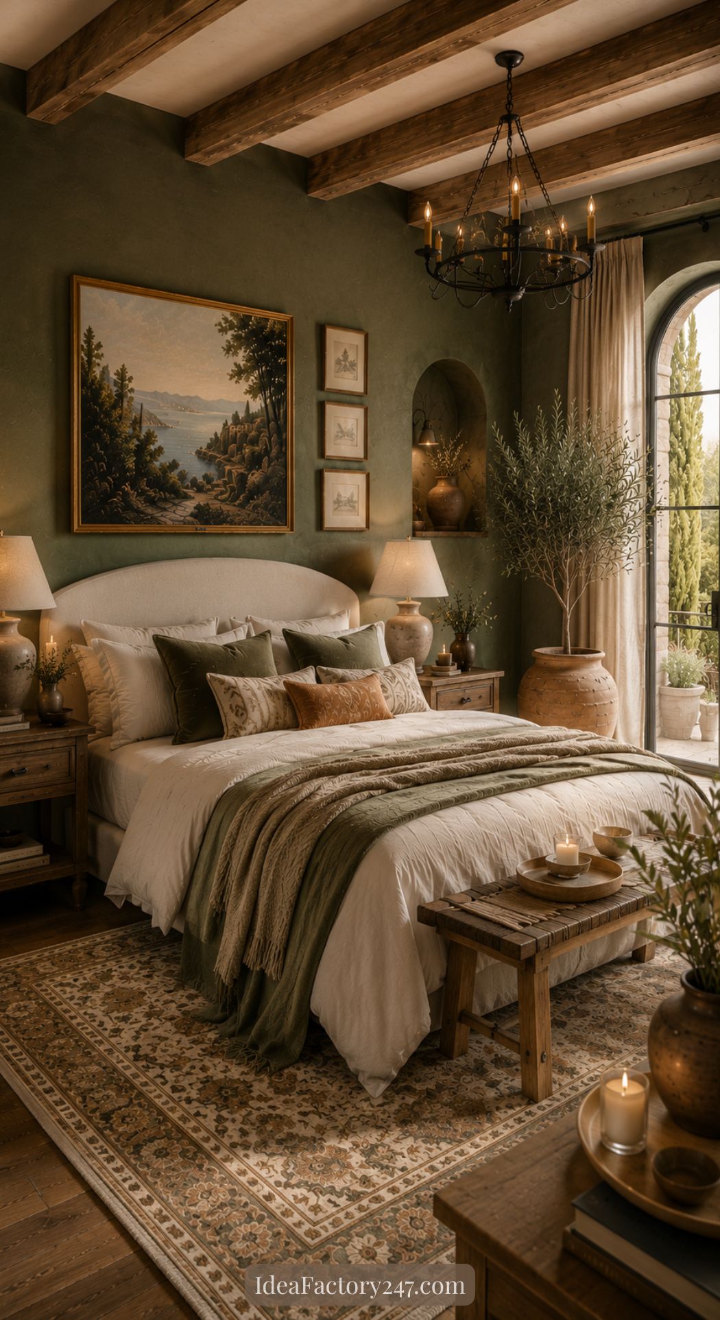 A cozy bedroom with rustic decor inspired by Mediterranean Bedroom Ideas, featuring a large bed with green and beige bedding, wooden beams, warm lighting, potted plants, a landscape painting, and an arched window letting in natural light.