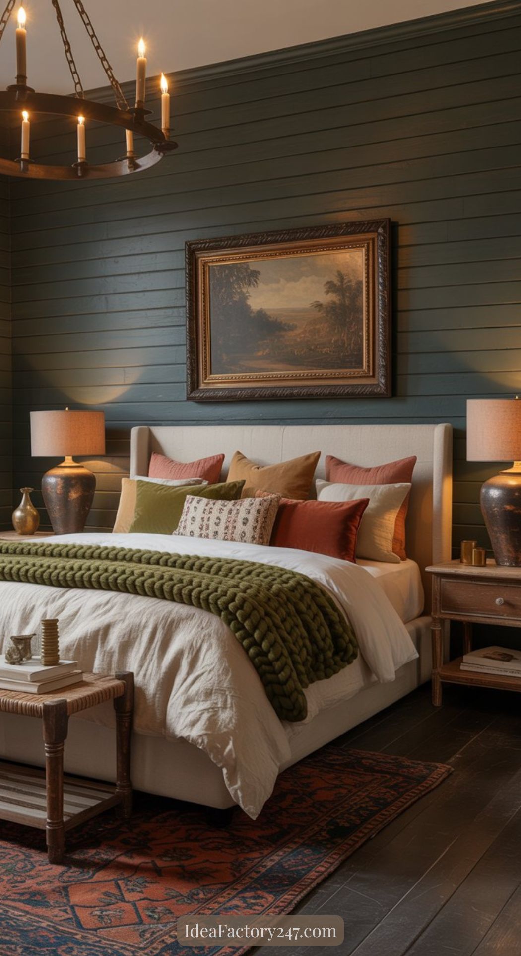 A cozy bedroom with dark green shiplap walls, a large bed layered with colorful pillows and a chunky knit throw, two wooden nightstands with lamps, and a rustic chandelier offers fresh Mediterranean bedroom ideas.