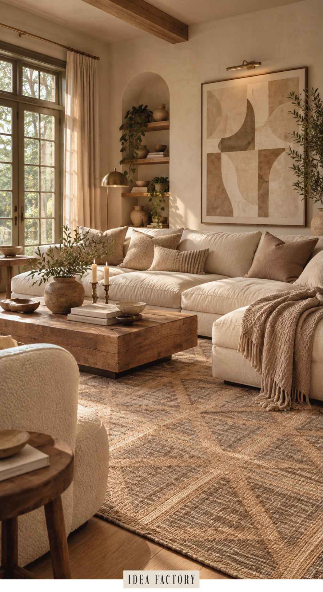 An earthy living room featuring a large beige sectional sofa, a wooden coffee table, and an abstract art piece on the wall.