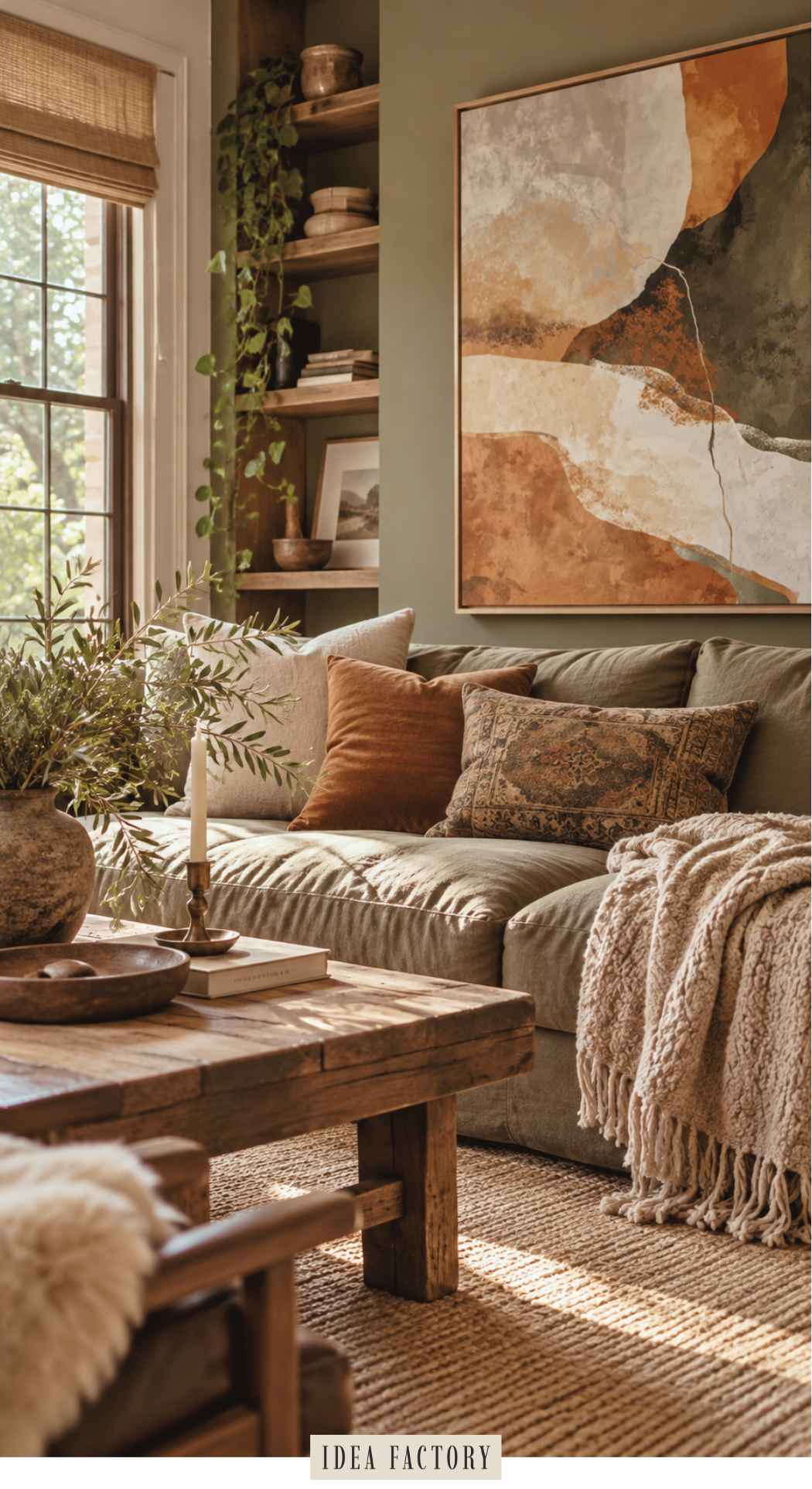 An olive green sofa with earth-toned pillows, a textured throw blanket, and a wood coffee table sit in an earthy living room with built-in shelves and abstract wall art.