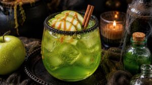 A green Poison Apple Mocktail with ice cubes, a slice of green apple, cinnamon stick, and caramel drizzle in a black sugar-rimmed glass, surrounded by an apple, candle, and potion bottles in a dark, moody setting.