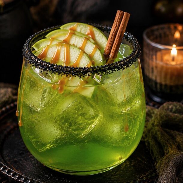 A green Poison Apple Mocktail with ice cubes, a slice of green apple, cinnamon stick, and caramel drizzle in a black sugar-rimmed glass, surrounded by an apple, candle, and potion bottles in a dark, moody setting.
