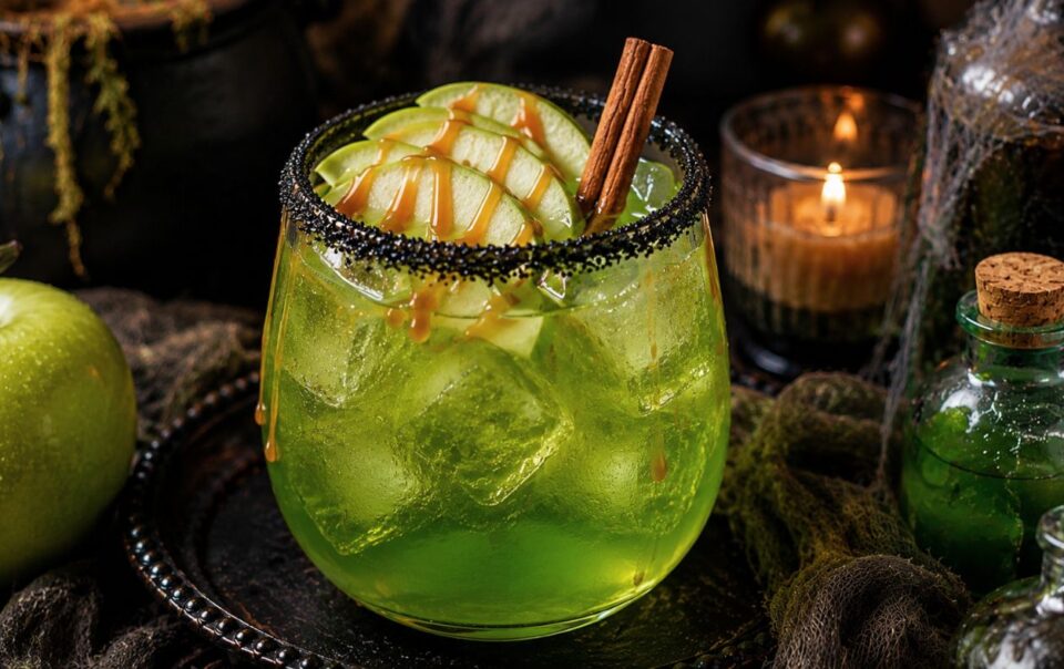 A green Poison Apple Mocktail with ice cubes, a slice of green apple, cinnamon stick, and caramel drizzle in a black sugar-rimmed glass, surrounded by an apple, candle, and potion bottles in a dark, moody setting.