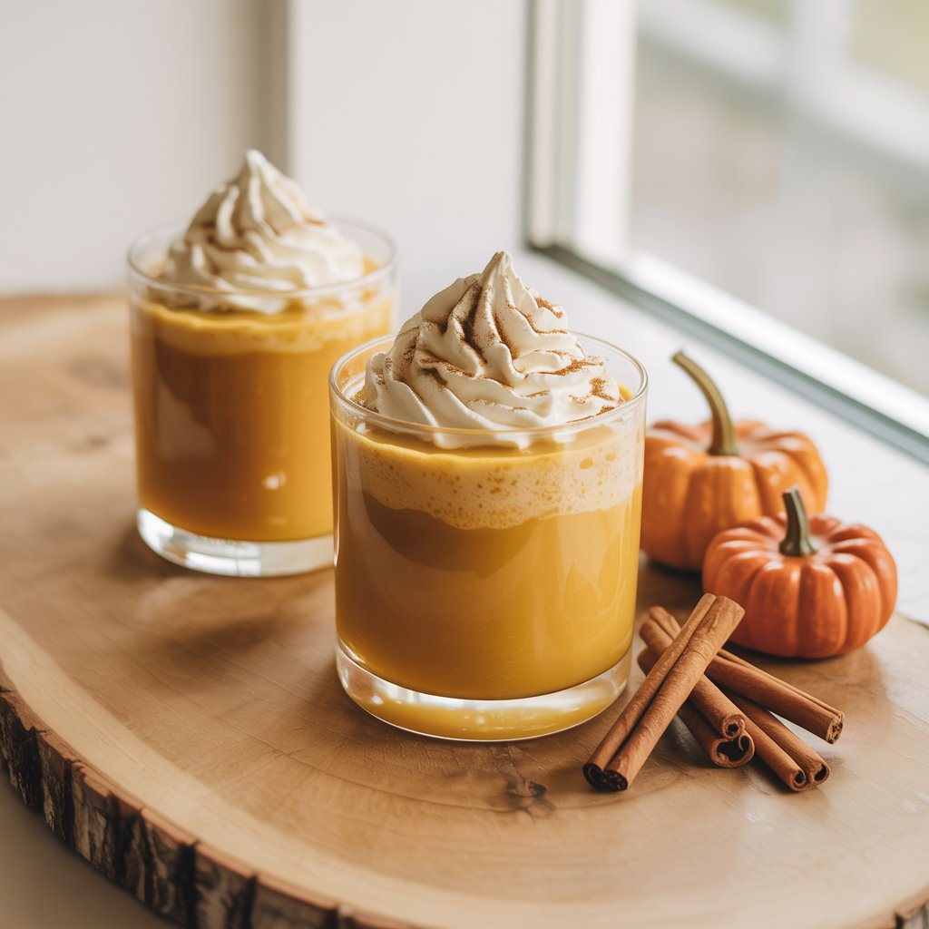 Two glasses of pumpkin spice latte, perfect as a Thanksgiving mocktail, sit on a wooden tray topped with whipped cream beside small decorative pumpkins and cinnamon sticks near a sunlit window.