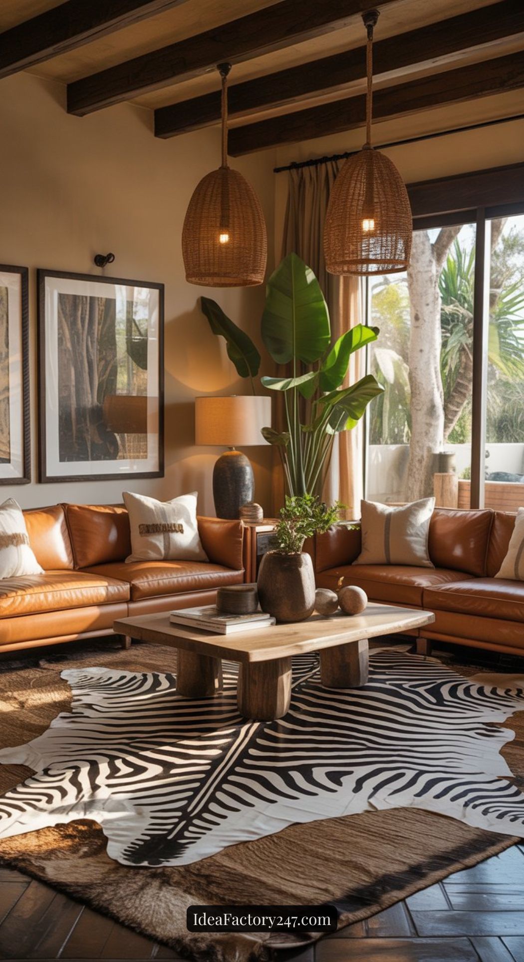 A cozy zebra rug living room with tan leather sofas, a wooden coffee table, large potted plant, woven pendant lights, and framed art on beige walls. Sunlight streams through a window beside tropical greenery outside.
