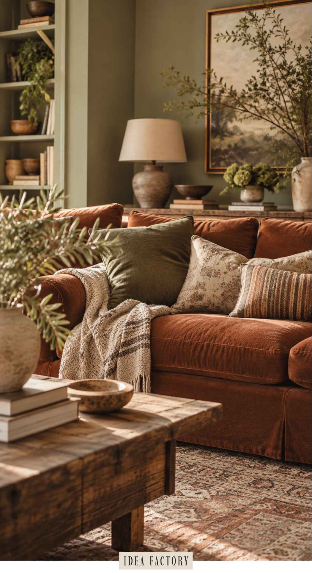 Rust-colored sofa with a mix of green, floral, and striped pillows and a textured throw blanket in an earthy living room, featuring a wooden coffee table and shelves.