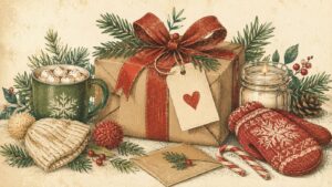 A festive scene with a wrapped gift, red mittens, a mug of hot chocolate, a knit hat, candy cane, candle, pine branches, and an envelope on a beige background—perfect inspiration for secret santa gift ideas.