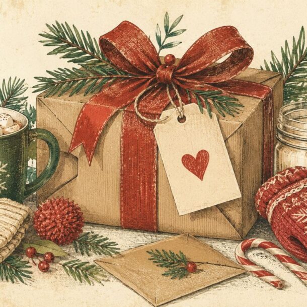 A festive scene with a wrapped gift, red mittens, a mug of hot chocolate, a knit hat, candy cane, candle, pine branches, and an envelope on a beige background—perfect inspiration for secret santa gift ideas.