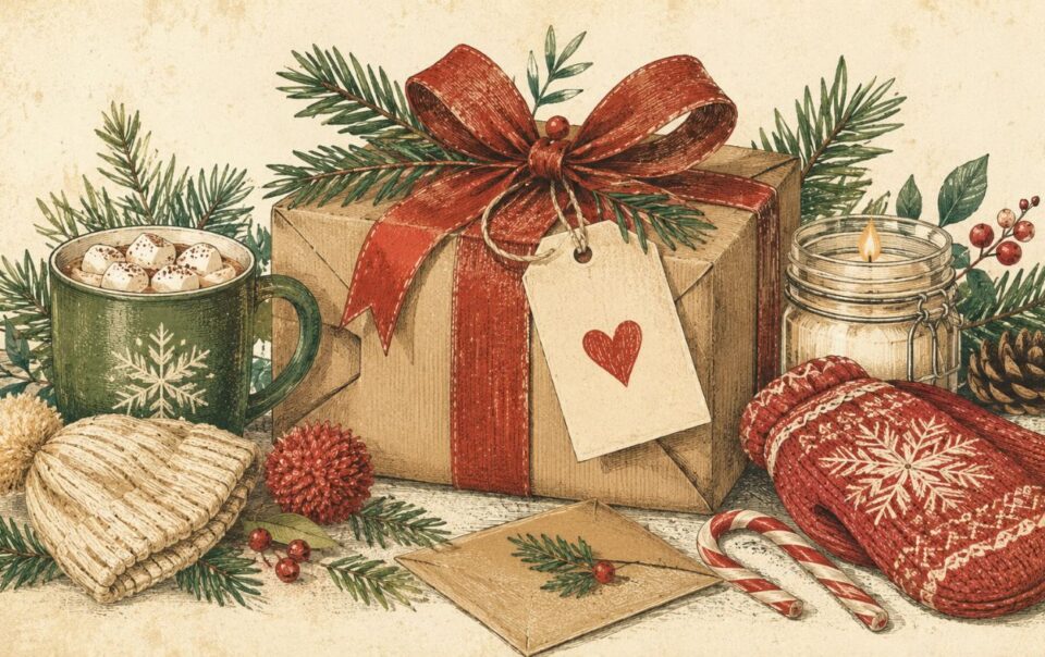 A festive scene with a wrapped gift, red mittens, a mug of hot chocolate, a knit hat, candy cane, candle, pine branches, and an envelope on a beige background—perfect inspiration for secret santa gift ideas.