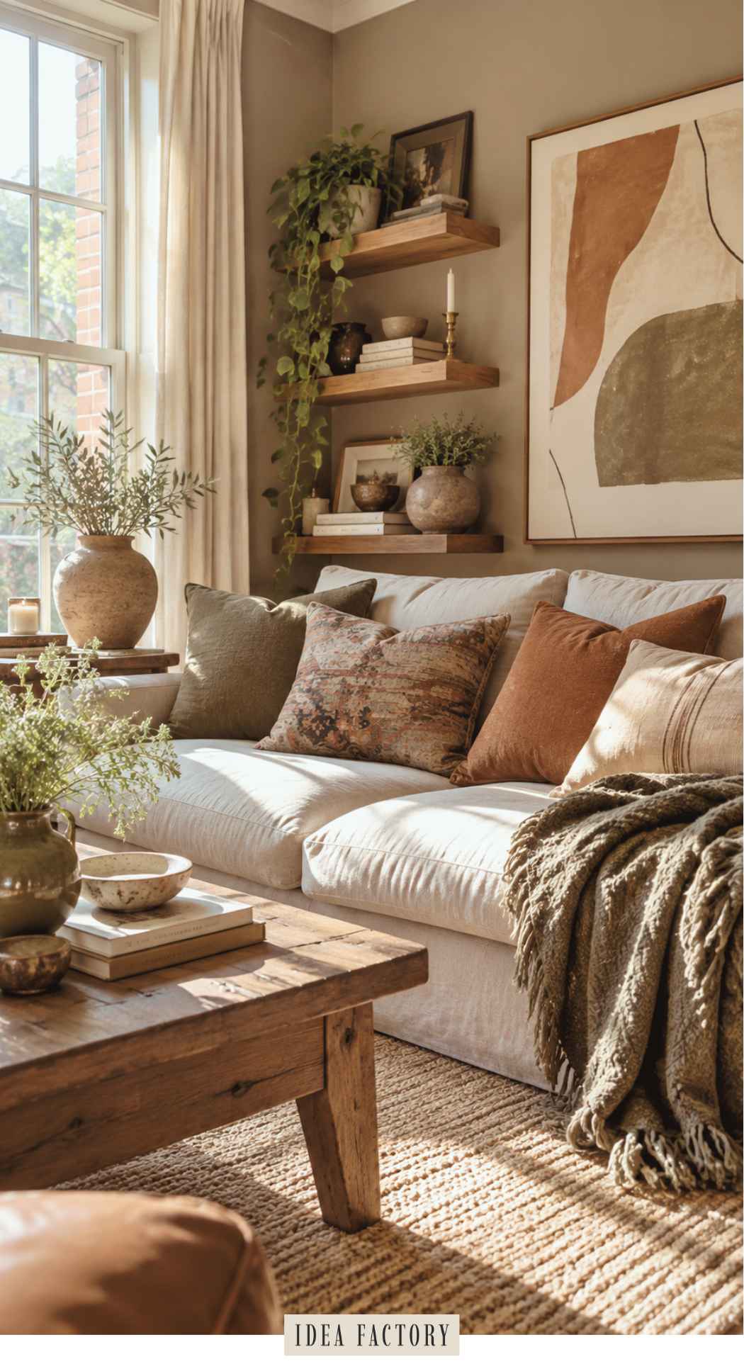 A cozy, earthy living room featuring a cream sofa with textured pillows and a throw blanket, a wooden coffee table, and open shelving decorated with plants and art.
