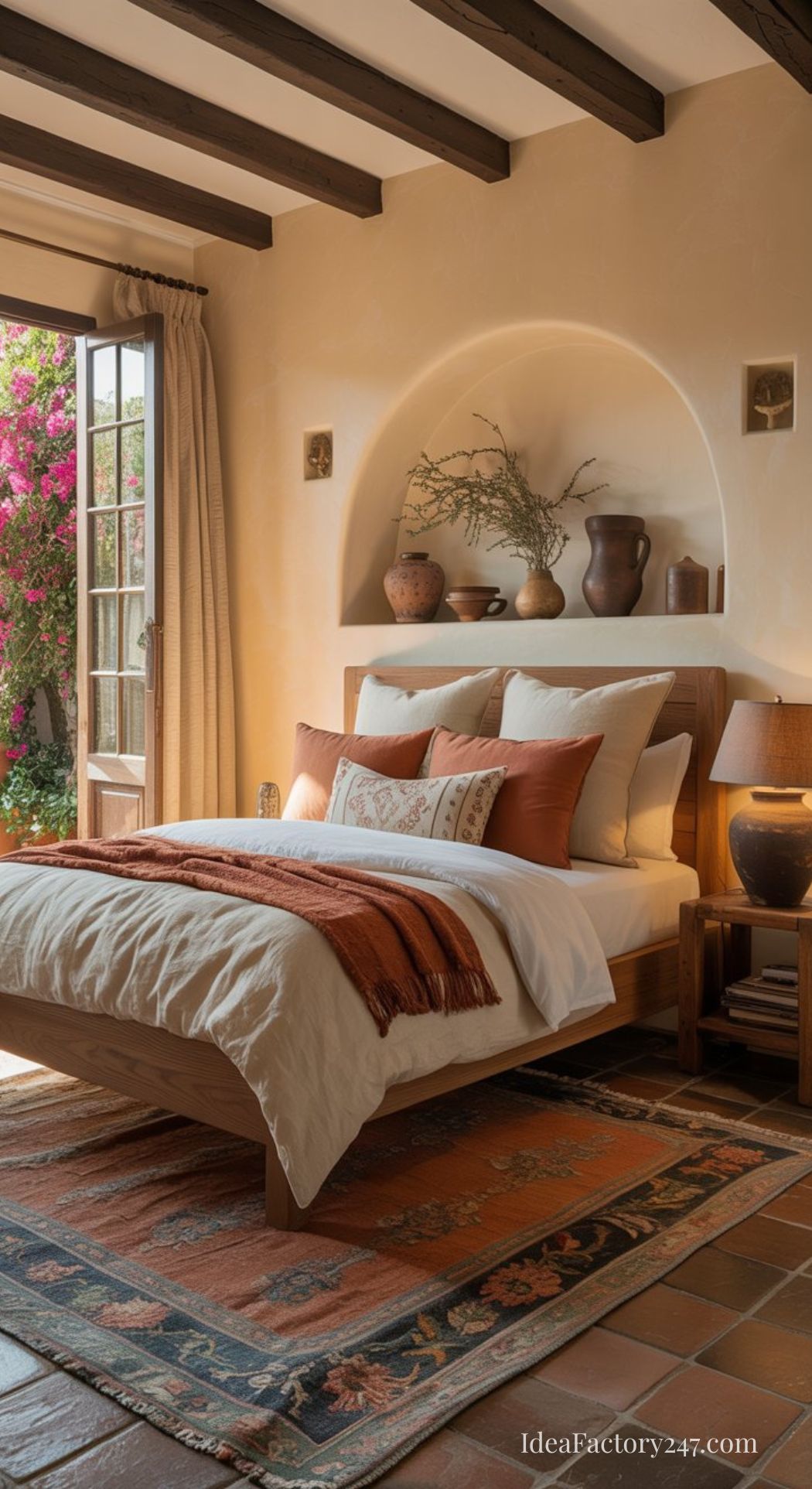 A cozy Mediterranean bedroom features a wooden bed, white and rust-colored bedding, decorative pillows, a patterned rug, and pottery on shelves. Sunlight pours through open French doors, revealing blooming flowers outside—a perfect Mediterranean bedroom idea.
