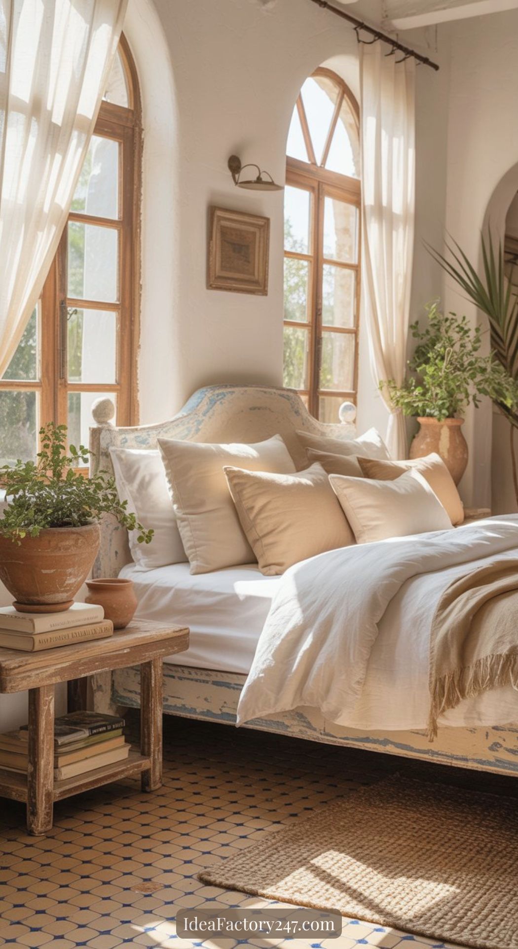 A sunlit bedroom with large arched windows, white curtains, cream bedding with many pillows—a perfect example of Mediterranean Bedroom Ideas—features a wooden side table adorned with potted plants, books and decorative vases with greenery.