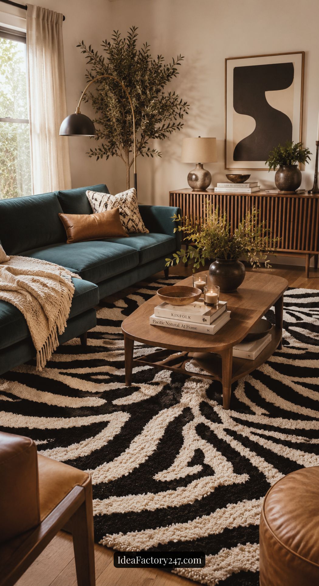 A cozy living room with a dark teal sofa, tan leather chairs, wooden coffee table, zebra-print rug, houseplants, and modern art on the wall, featuring warm natural light from a large window.