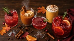 A selection of autumn-themed drinks, including cocktails with cranberries and oranges, a steaming apple cider with cinnamon sticks, and a creamy spiced drink, all garnished and surrounded by fall leaves and spices on a wooden table.