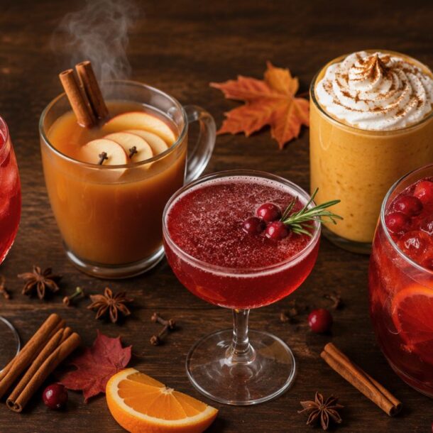A selection of autumn-themed drinks, including cocktails with cranberries and oranges, a steaming apple cider with cinnamon sticks, and a creamy spiced drink, all garnished and surrounded by fall leaves and spices on a wooden table.