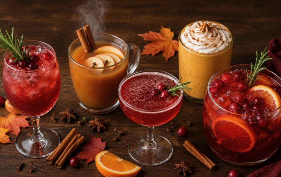 A selection of autumn-themed drinks, including cocktails with cranberries and oranges, a steaming apple cider with cinnamon sticks, and a creamy spiced drink, all garnished and surrounded by fall leaves and spices on a wooden table.