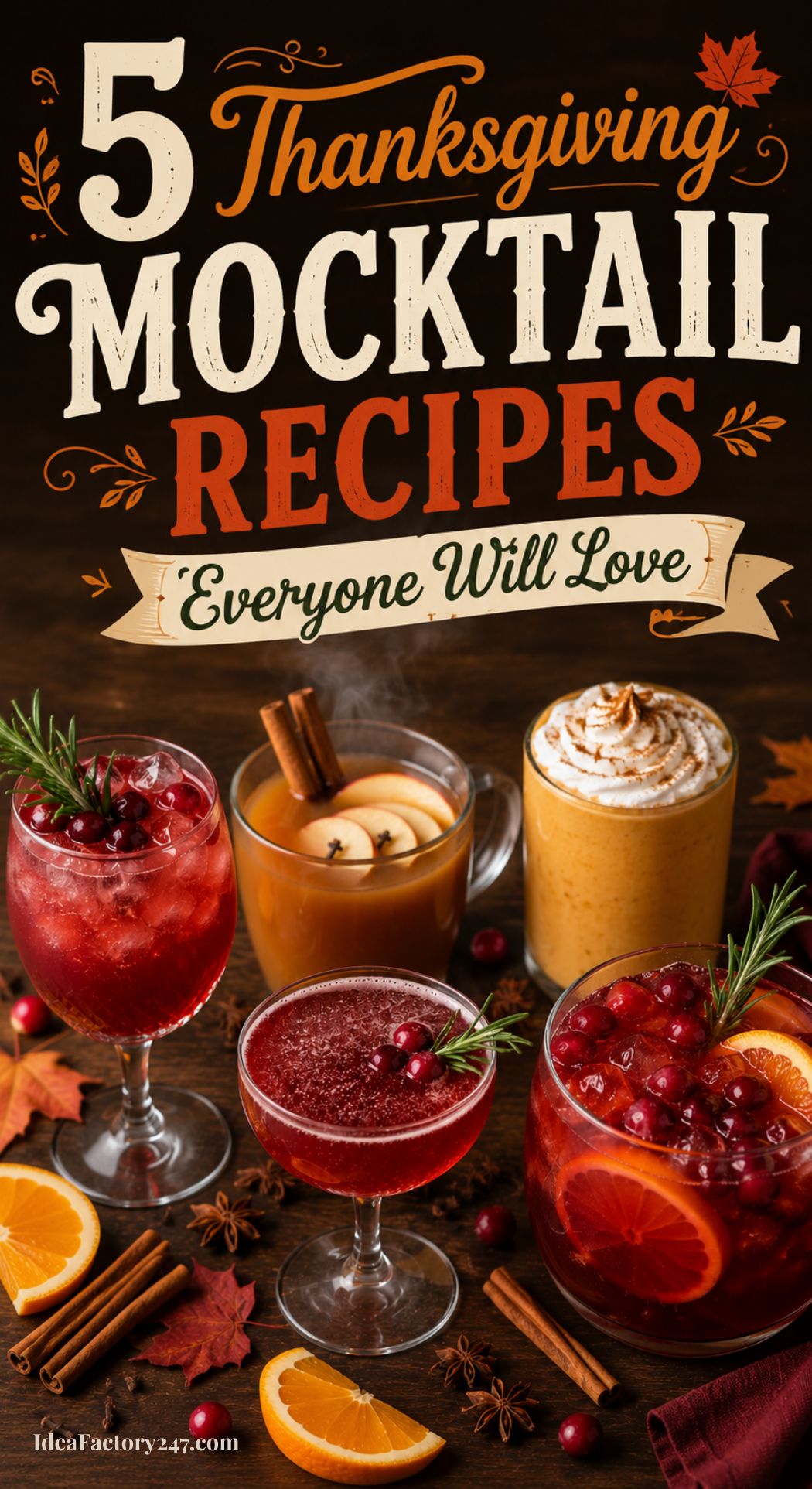 Four festive autumn mocktails in glass cups and mugs, garnished with cranberries, orange slices, cinnamon sticks, and whipped cream, with colorful fall leaves and spices on a rustic table. Text: 5 Thanksgiving Mocktail Recipes Everyone Will Love.