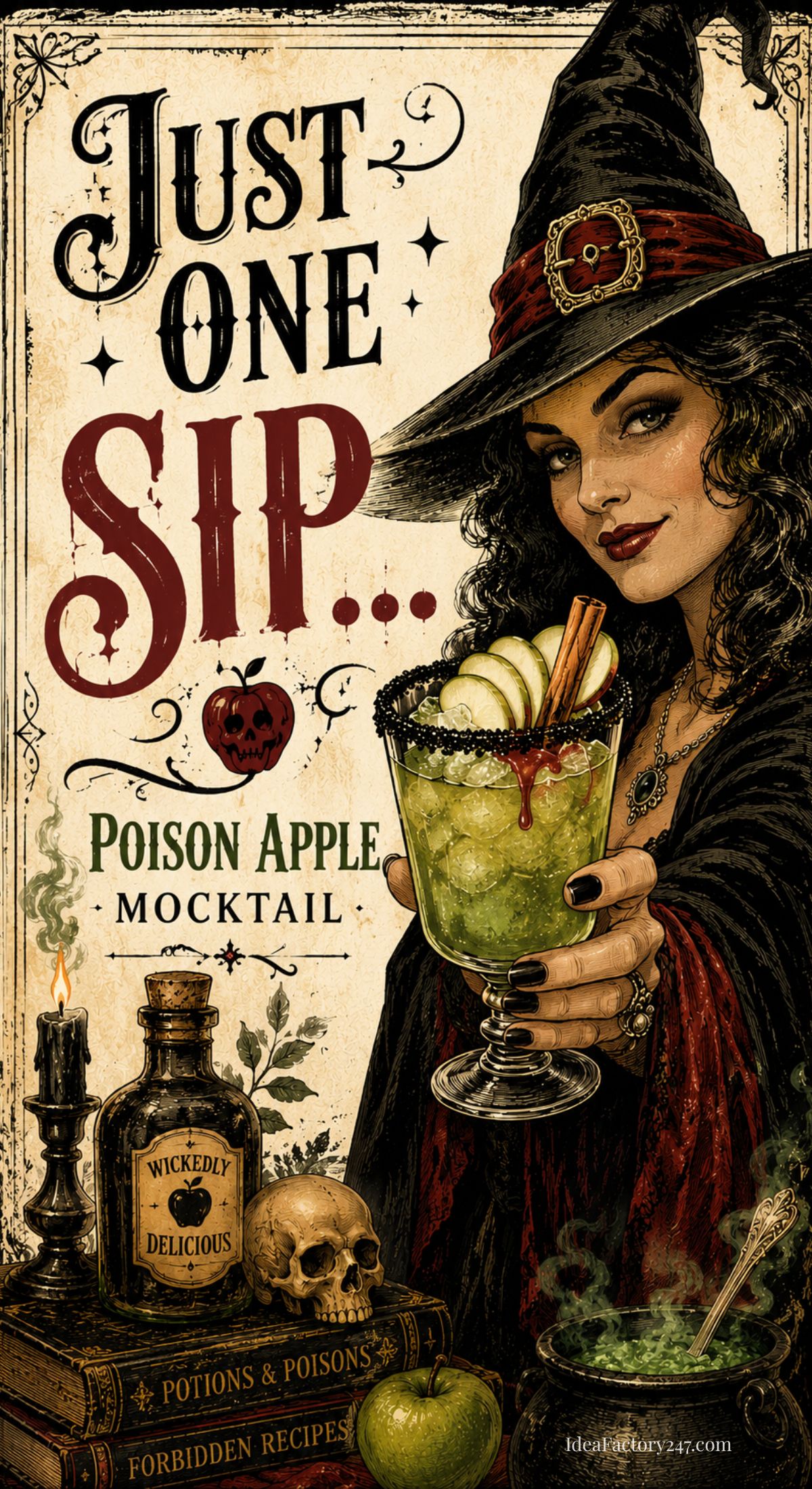A woman dressed as a witch holds a Poison Apple Mocktail, garnished with apple slices and cinnamon. The text reads Just One Sip... Poison Apple Mocktail. Decorative bottles, a skull, apples, and a candle complete the spooky scene.