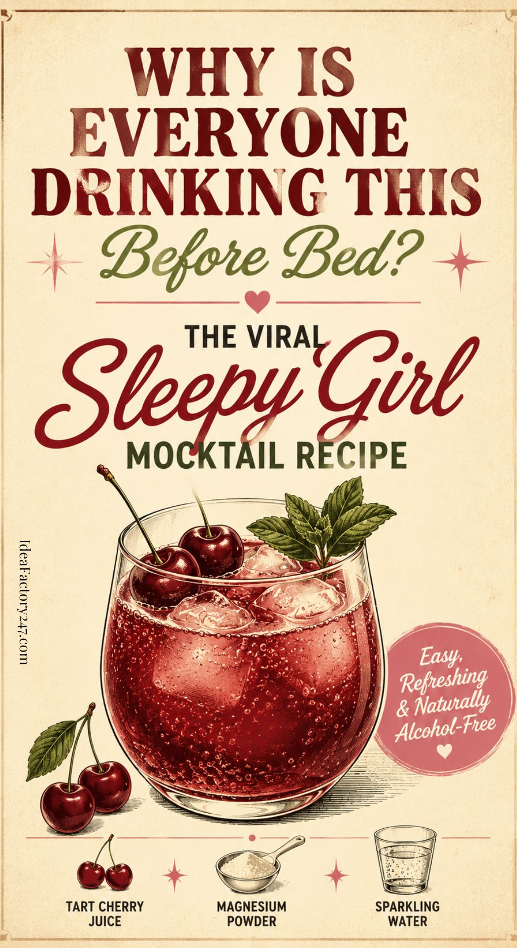 A glass of red sleepy girl mocktail with cherries and ice sits on a table, surrounded by tart cherry juice, magnesium powder, and sparkling water. Text above reads: The Viral Sleepy Girl Mocktail Recipe—Easy, Refreshing & Naturally Alcohol-Free.