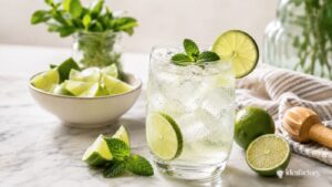 A glass of sparkling lime drink with ice, garnished with lime slices and mint, sits on a marble counter. Nearby are fresh limes, mint leaves, a small jar of herbs, and a wooden citrus reamer.