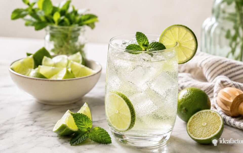 A glass of sparkling lime drink with ice, garnished with lime slices and mint, sits on a marble counter. Nearby are fresh limes, mint leaves, a small jar of herbs, and a wooden citrus reamer.