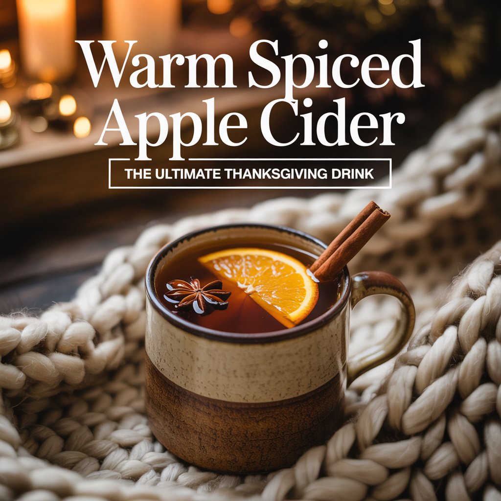 A mug of warm spiced apple cider garnished with an orange slice, star anise, and cinnamon stick sits on a chunky knit blanket. Text reads: “Warm Spiced Apple Cider: The Ultimate Thanksgiving Mocktail.”.