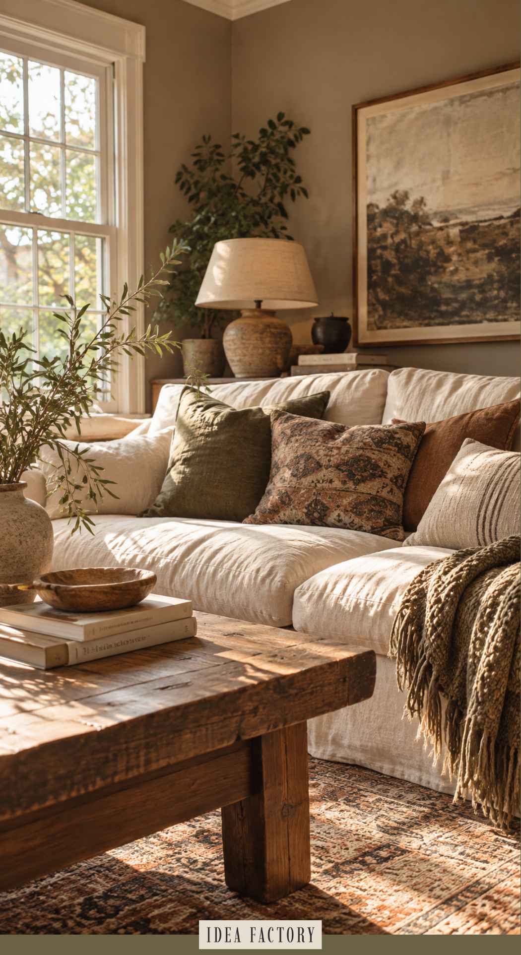 A cozy, earthy living room with a neutral-toned sofa featuring decorative pillows, a wooden coffee table with books, and a window letting in soft sunlight.