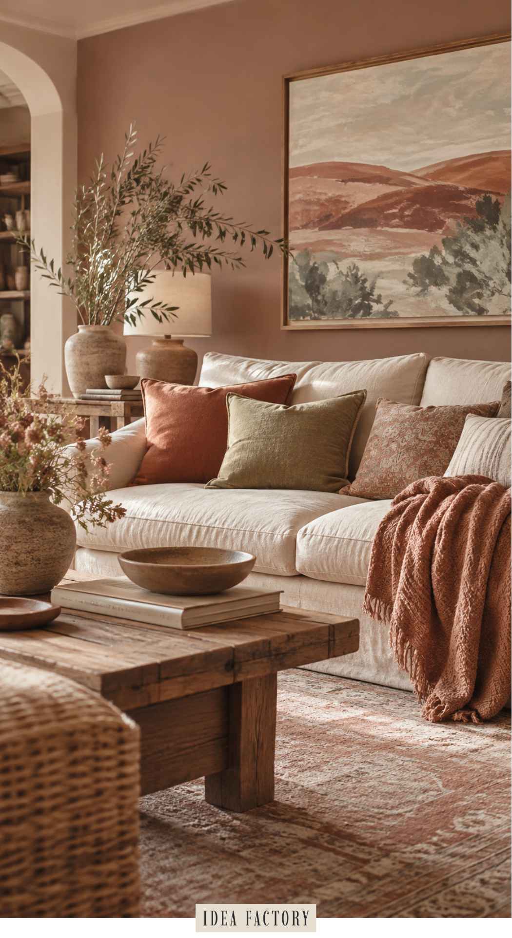 A beige sofa with earth-toned throw pillows and a draped blanket sits in an earthy living room, featuring a landscape painting on the wall and a rustic wood coffee table in the foreground.