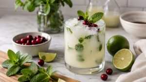 A white Christmas mojito mocktail in a clear glass, garnished with fresh mint, lime, and cranberries, surrounded by holiday greenery and twinkling lights.