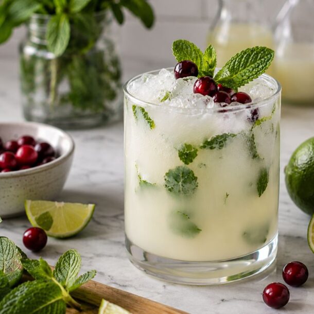 A white Christmas mojito mocktail in a clear glass, garnished with fresh mint, lime, and cranberries, surrounded by holiday greenery and twinkling lights.