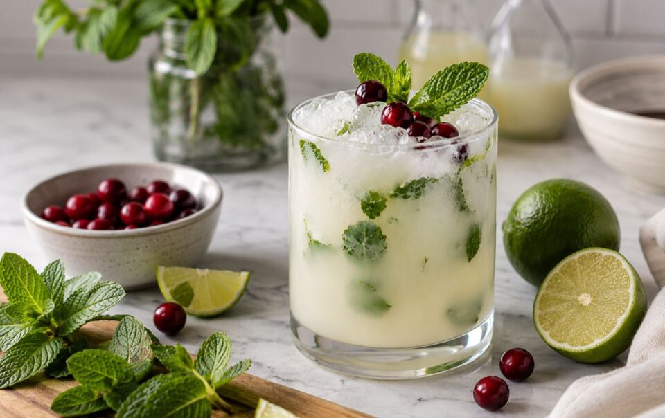 A white Christmas mojito mocktail in a clear glass, garnished with fresh mint, lime, and cranberries, surrounded by holiday greenery and twinkling lights.