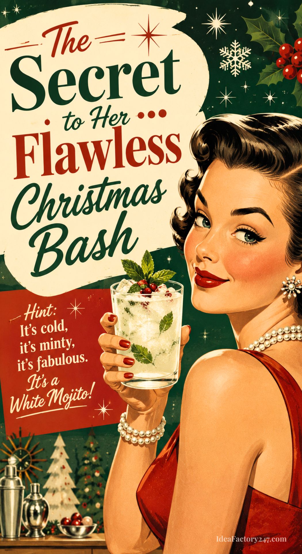 A retro-style illustration of a glamorous woman in a red dress holding a cocktail, with holiday decorations in the background and festive text promoting a Flawless Christmas Bash and a White Mojito.