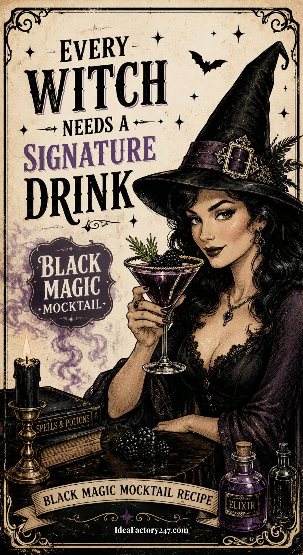 A stylish witch in a tall hat holds a purple cocktail, surrounded by potion bottles, spell books, and a black cat. Decorative text reads, “Every witch needs a signature drink—Black Magic Mocktail.”.
