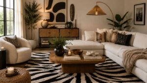 A cozy living room with a white sectional sofa, patterned pillows, a round armchair, a zebra-print rug, a wooden coffee table, decorative plants, abstract wall art, and warm ambient lighting.