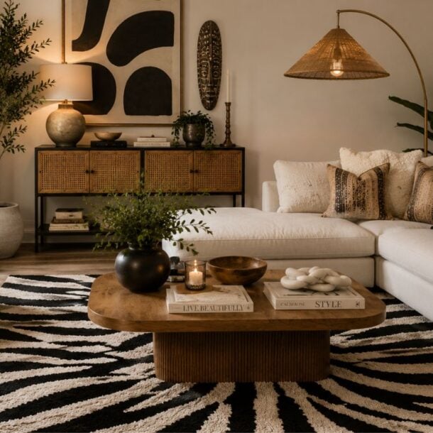 A cozy living room with a white sectional sofa, patterned pillows, a round armchair, a zebra-print rug, a wooden coffee table, decorative plants, abstract wall art, and warm ambient lighting.