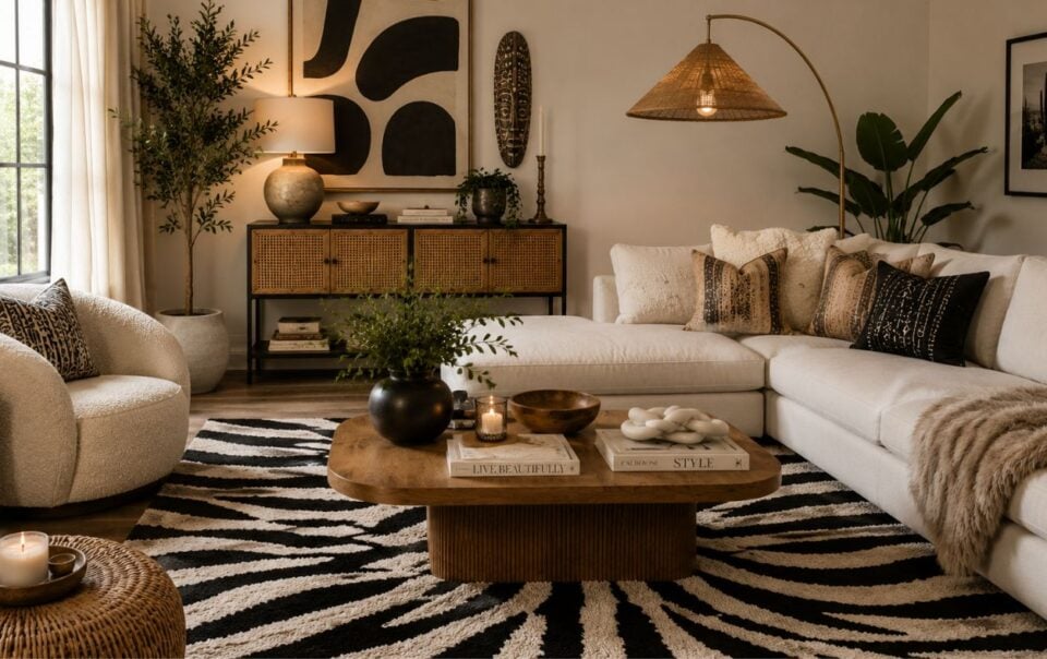 A cozy living room with a white sectional sofa, patterned pillows, a round armchair, a zebra-print rug, a wooden coffee table, decorative plants, abstract wall art, and warm ambient lighting.