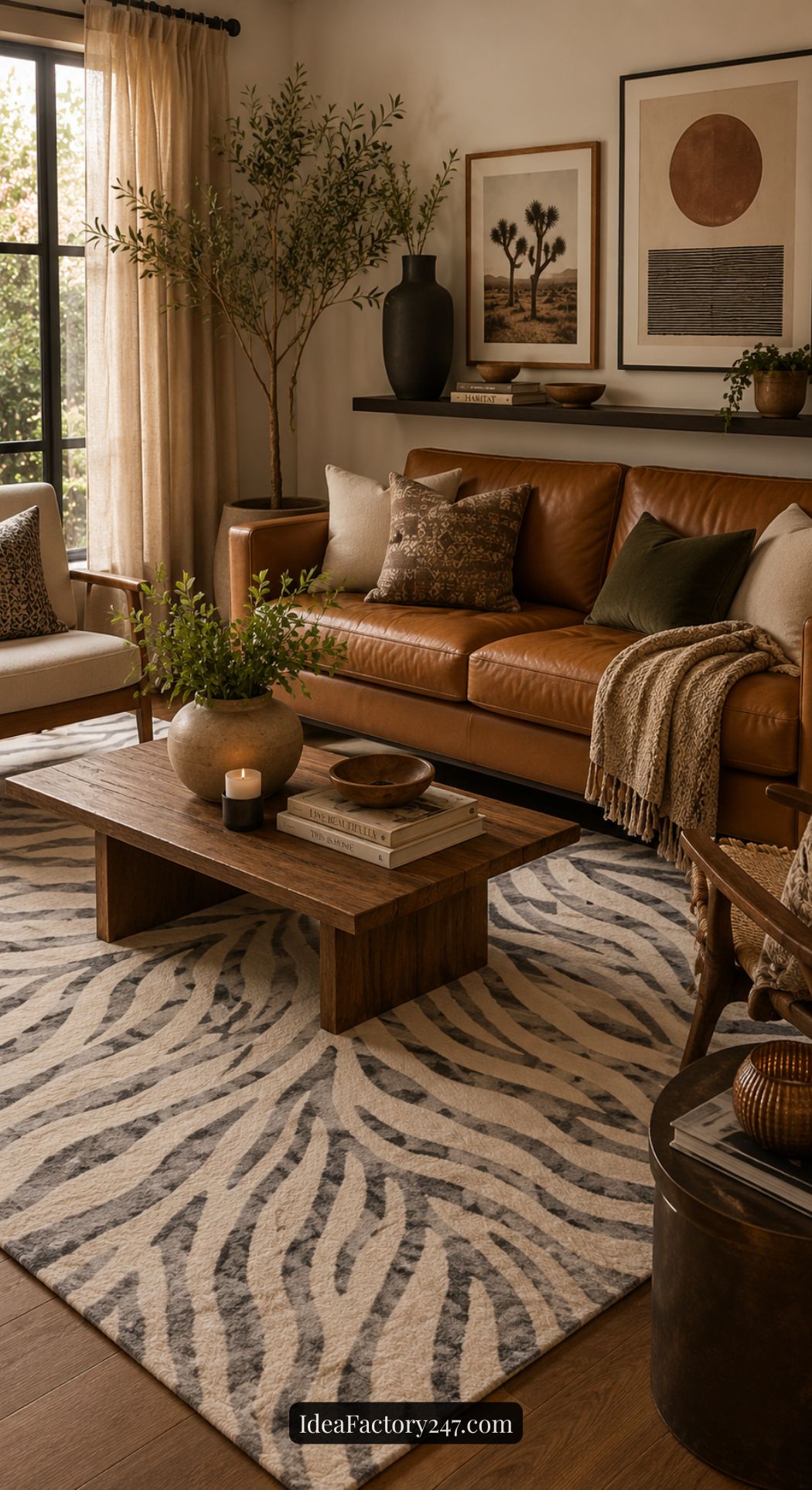 A cozy zebra rug living room features a brown leather sofa, patterned pillows, wooden coffee table, potted plants, and nature-themed wall art. Soft light filters through beige curtains onto the striking zebra-print rug.