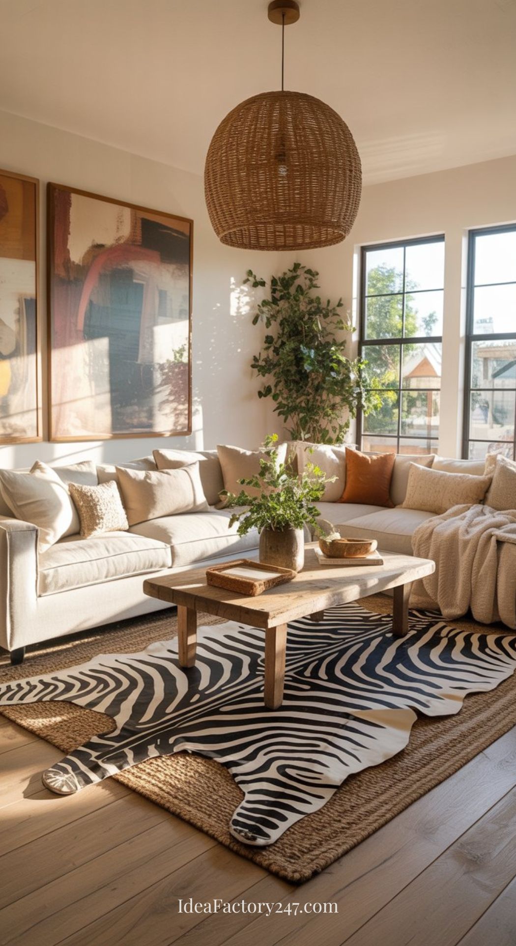 A bright, modern living room with a beige sofa, abstract art, a zebra-print rug over jute, a wooden coffee table, a potted plant, and large windows letting in sunlight. A woven pendant light hangs from the ceiling.