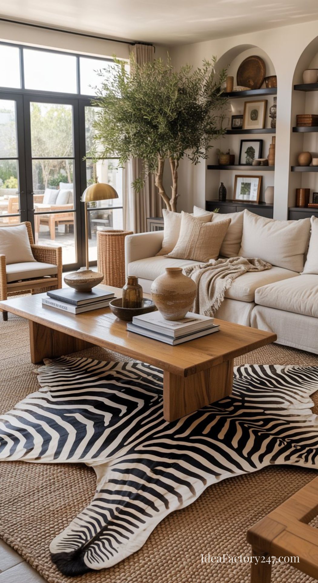 A stylish living room features a beige sofa with neutral-toned cushions, a wooden coffee table, zebra-print rug, and woven chairs. Built-in shelves with decor and a large potted plant add warmth and texture. Sunlight pours in through glass doors.
